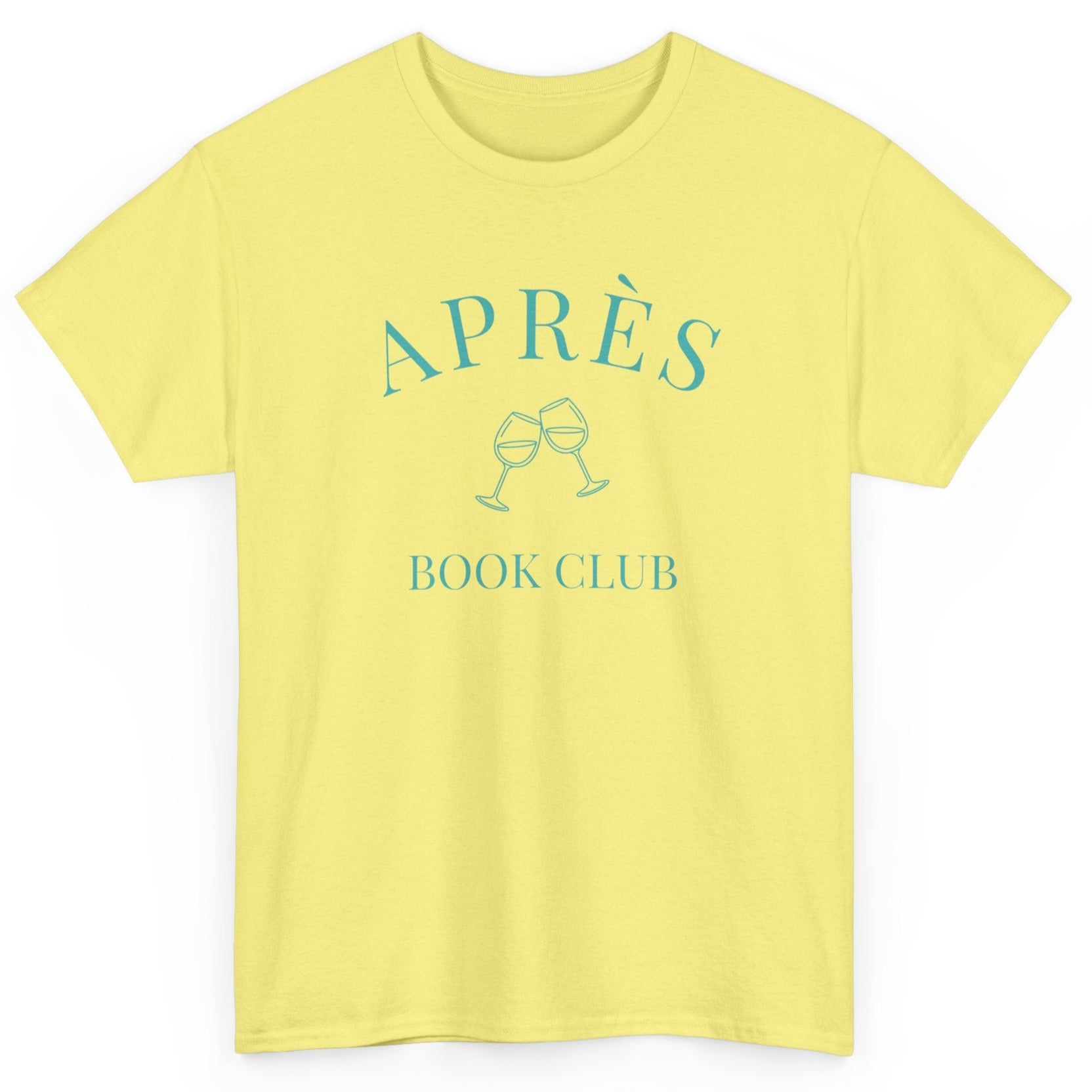 Yellow t-shirt with 'APRÈS BOOK CLUB' text and wine glass graphics on a white background