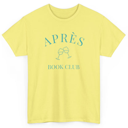 Yellow t-shirt with 'APRÈS BOOK CLUB' text and wine glass graphics on a white background