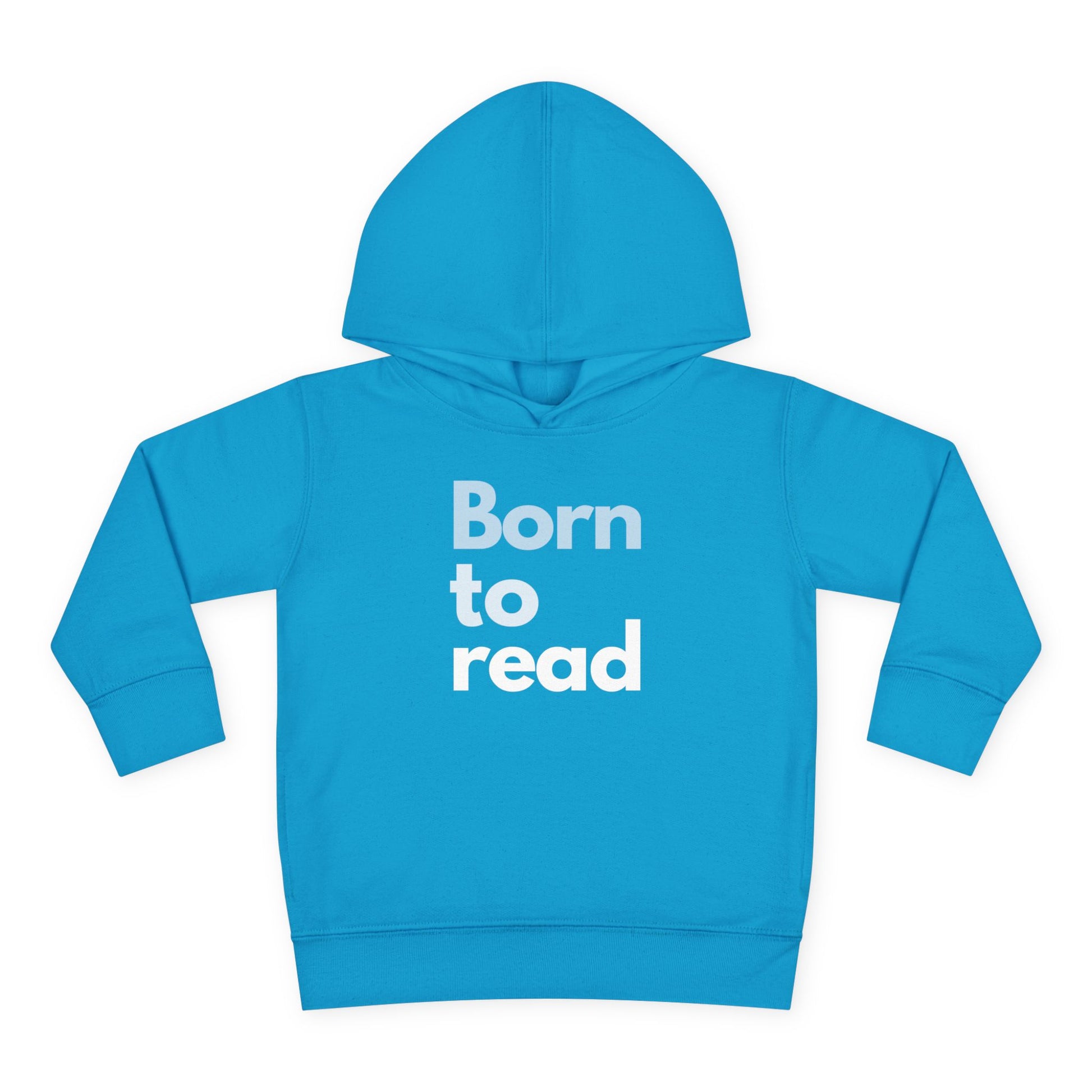 Blue hoodie with 'Born to read' text on a white background