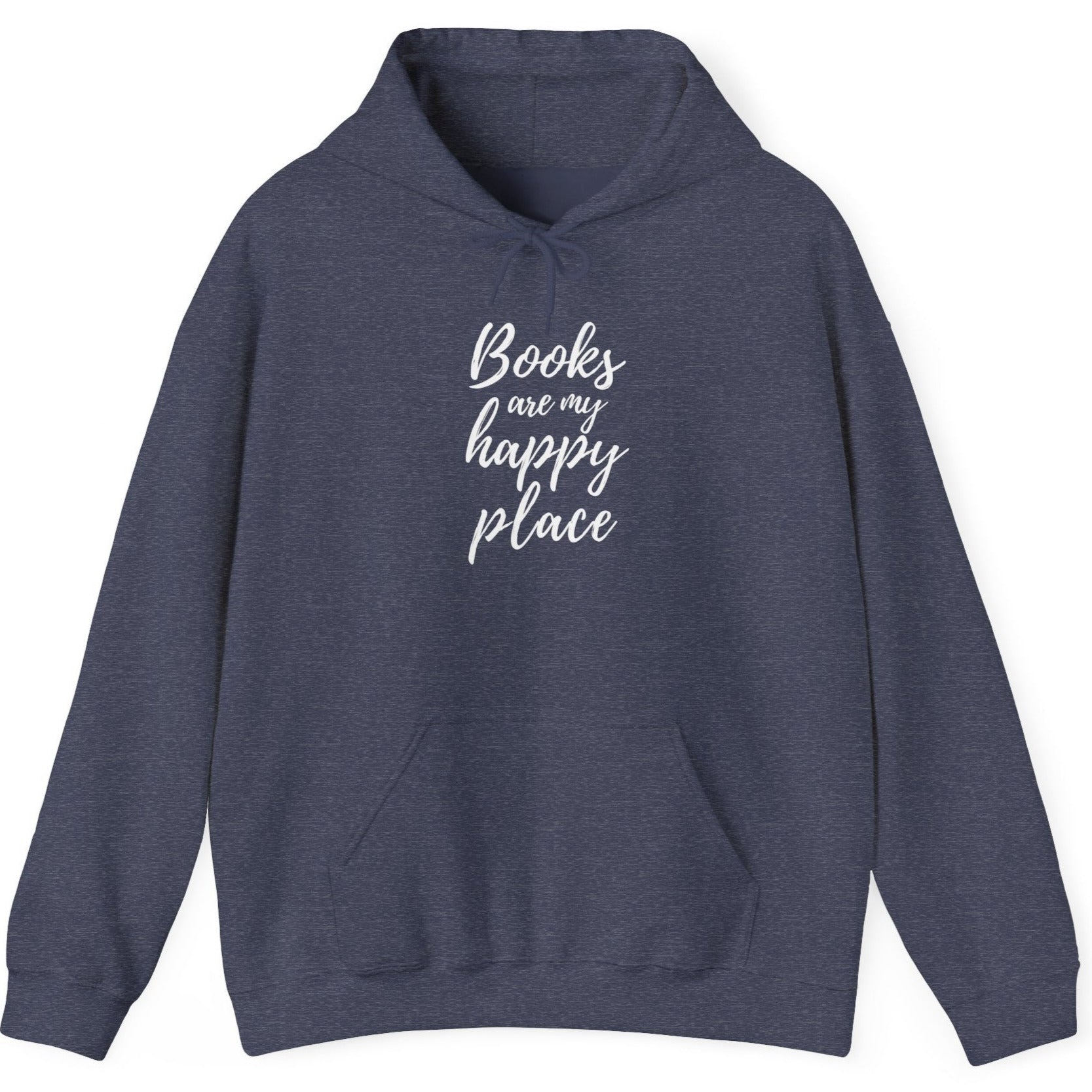 Navy blue hoodie with 'Books are my happy place' text on a white background