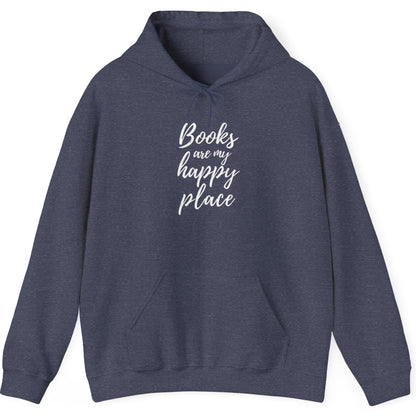 Navy blue hoodie with 'Books are my happy place' text on a white background