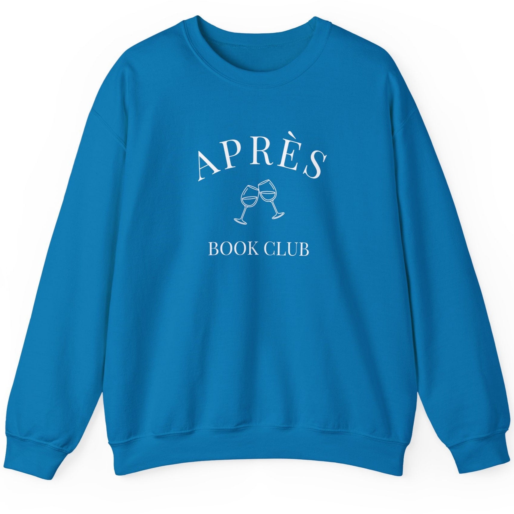Blue sweatshirt with 'APRèS BOOK CLUB' text and graphic on a white background
