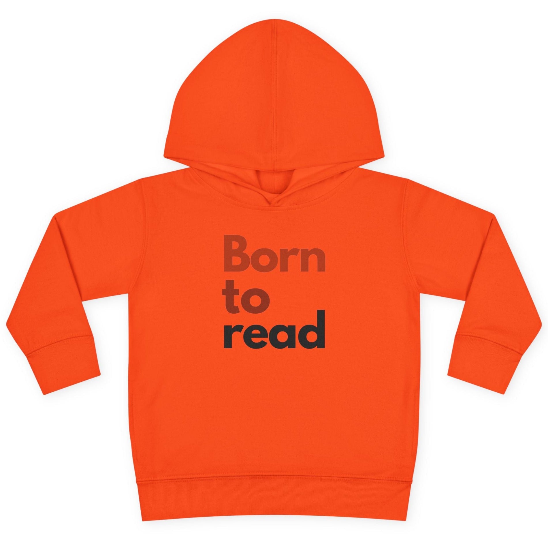 Orange hoodie with 'Born to read' text on a white background