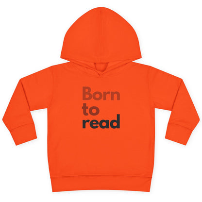 Orange hoodie with 'Born to read' text on a white background