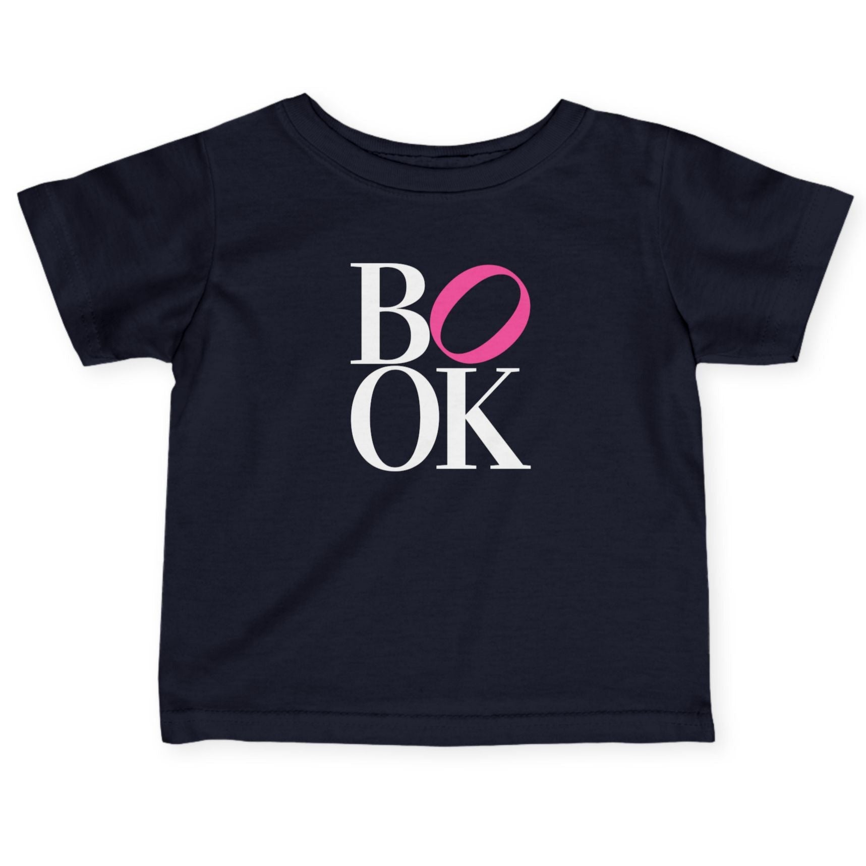 Black t-shirt with 'BOOK' text design on a white background
