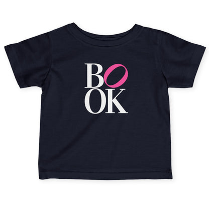 Black t-shirt with 'BOOK' text design on a white background