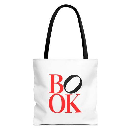 White tote bag with 'BOOK' printed in red and black on a white background