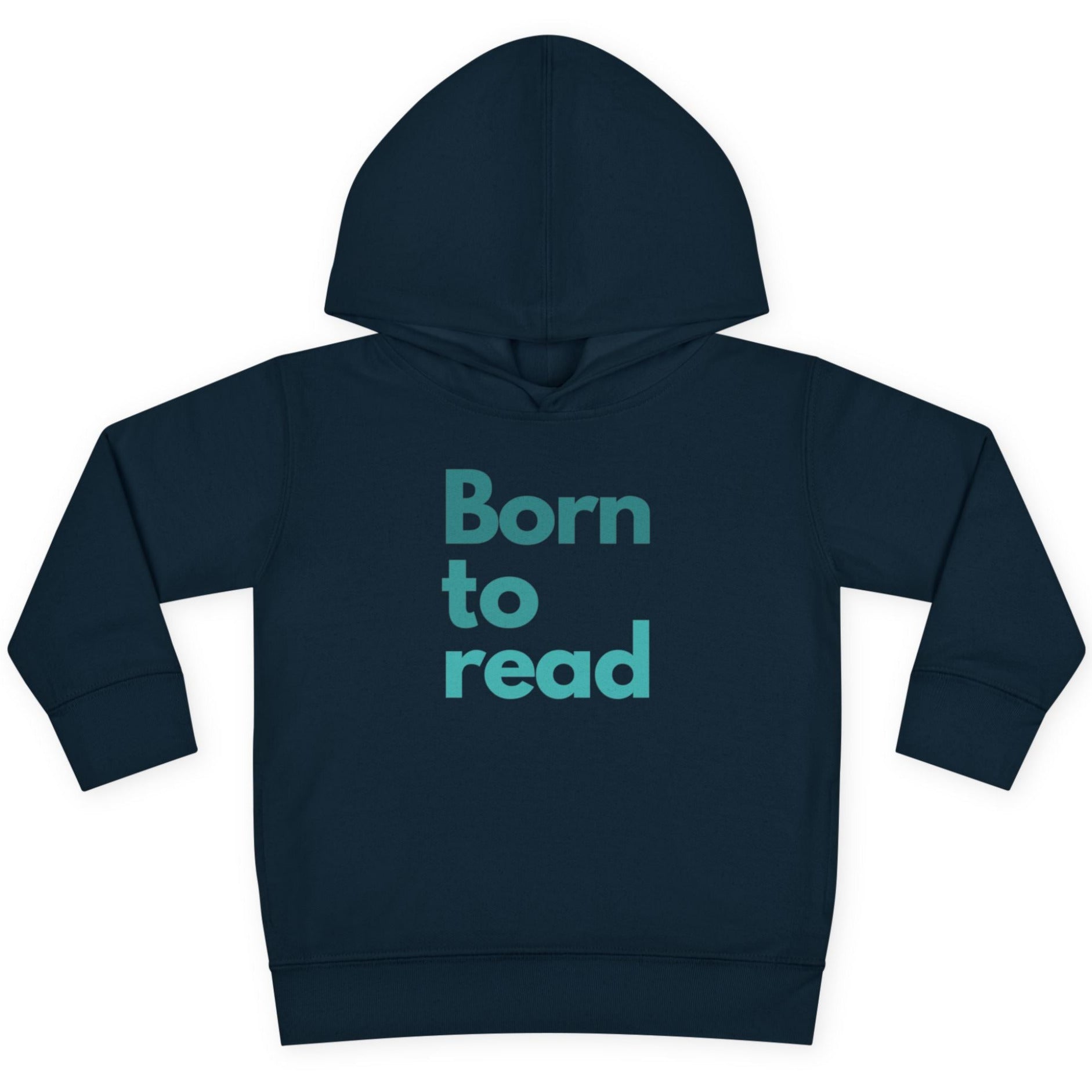 Navy blue hoodie with 'Born to read' text on a white background