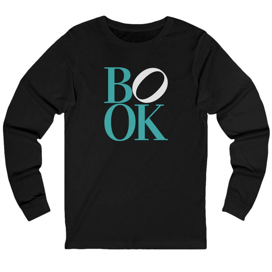 Black long-sleeve shirt with 'BOOK' printed in turquoise and white on a white background