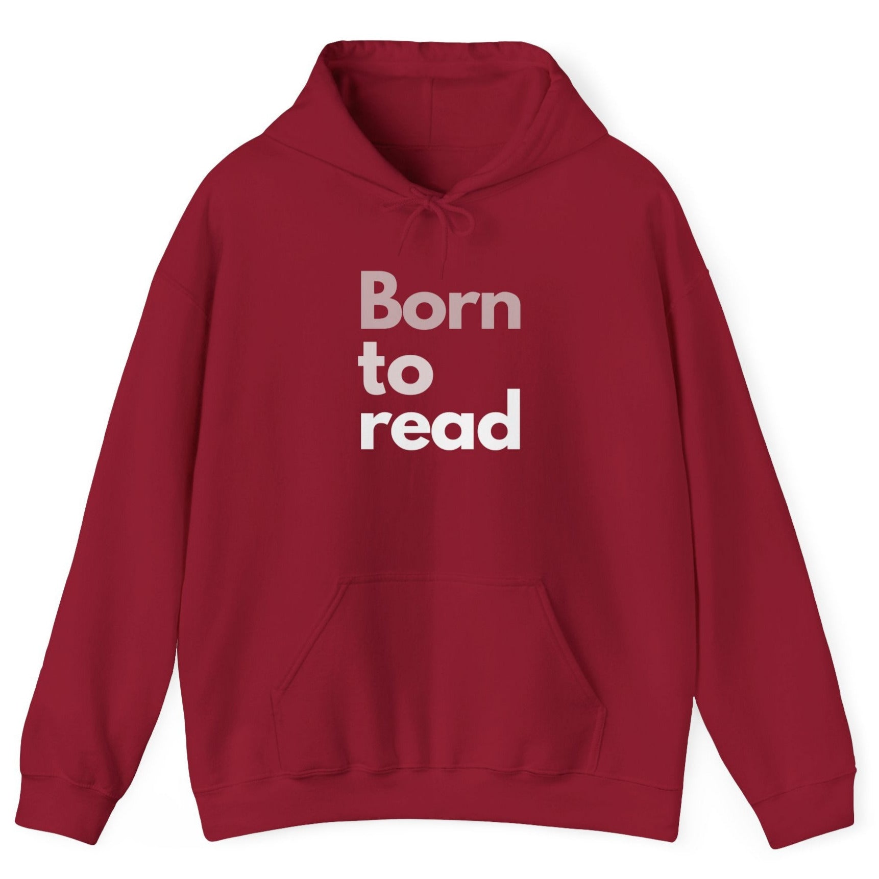 Red hoodie with 'Born to read' text on a white background