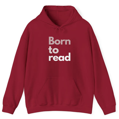 Red hoodie with 'Born to read' text on a white background