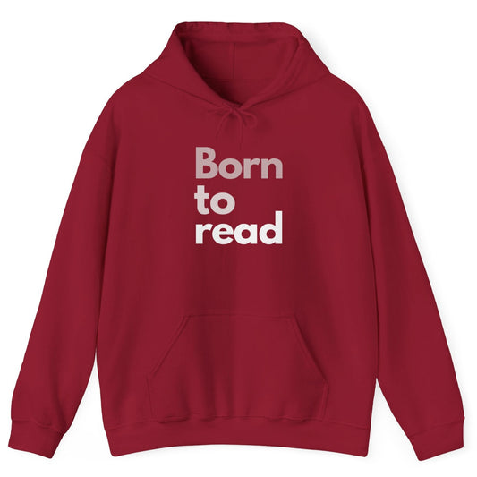 Red hoodie with 'Born to read' text on a white background