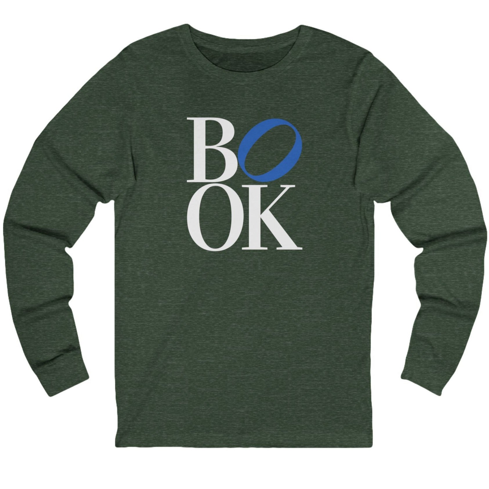 Green long-sleeve shirt with 'BOOK' print on a white background