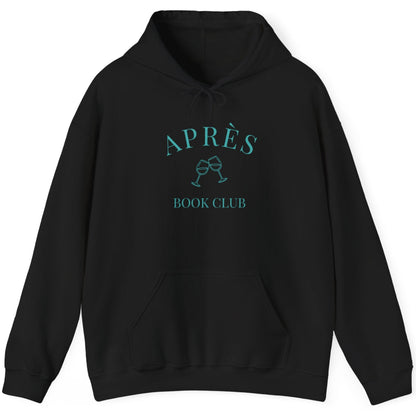 Black hoodie with 'APRèS BOOK CLUB' text and design on a white background