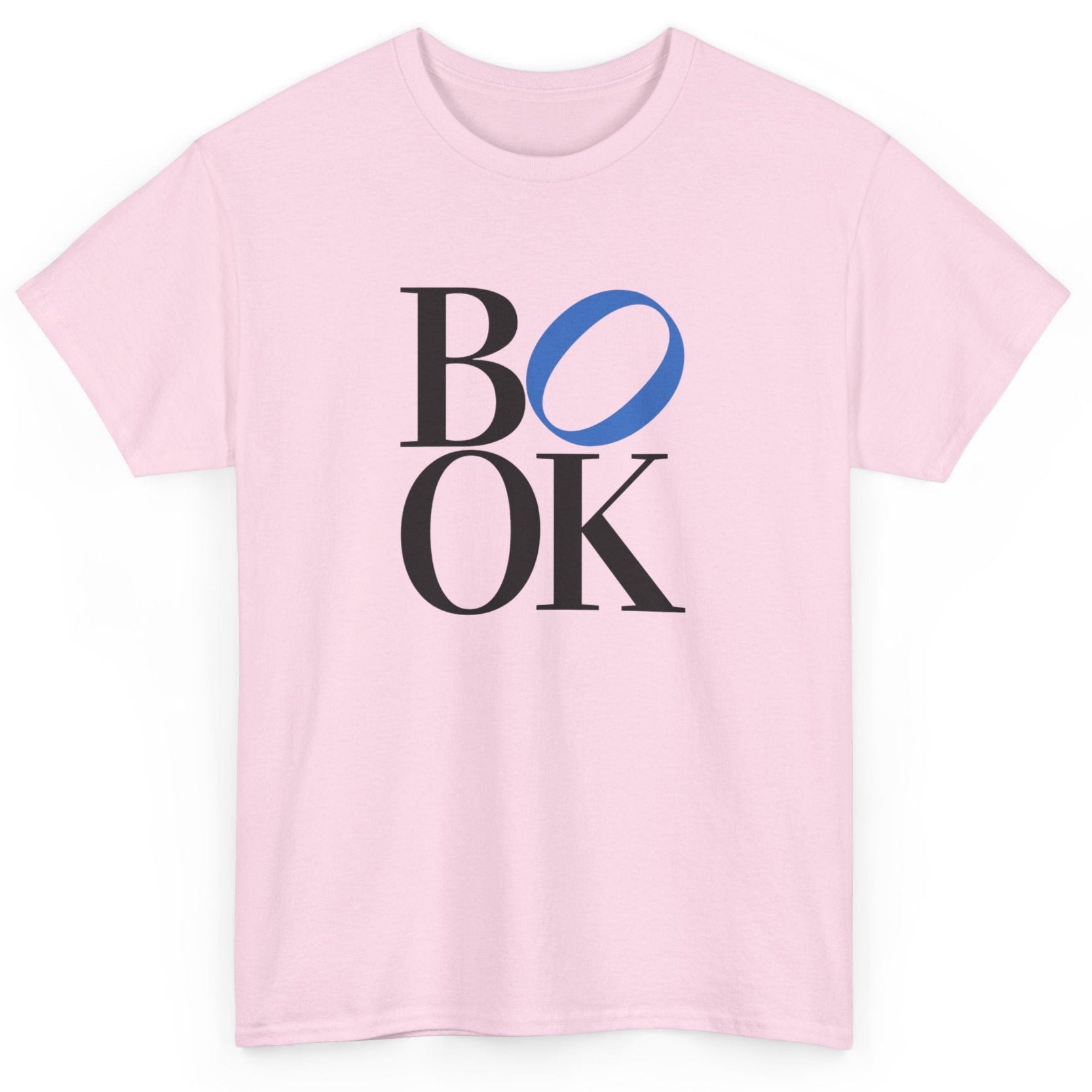 Pink t-shirt with 'BOOK' text design on a white background