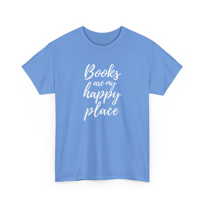 Blue t-shirt with 'Books are my happy place' text on a white background