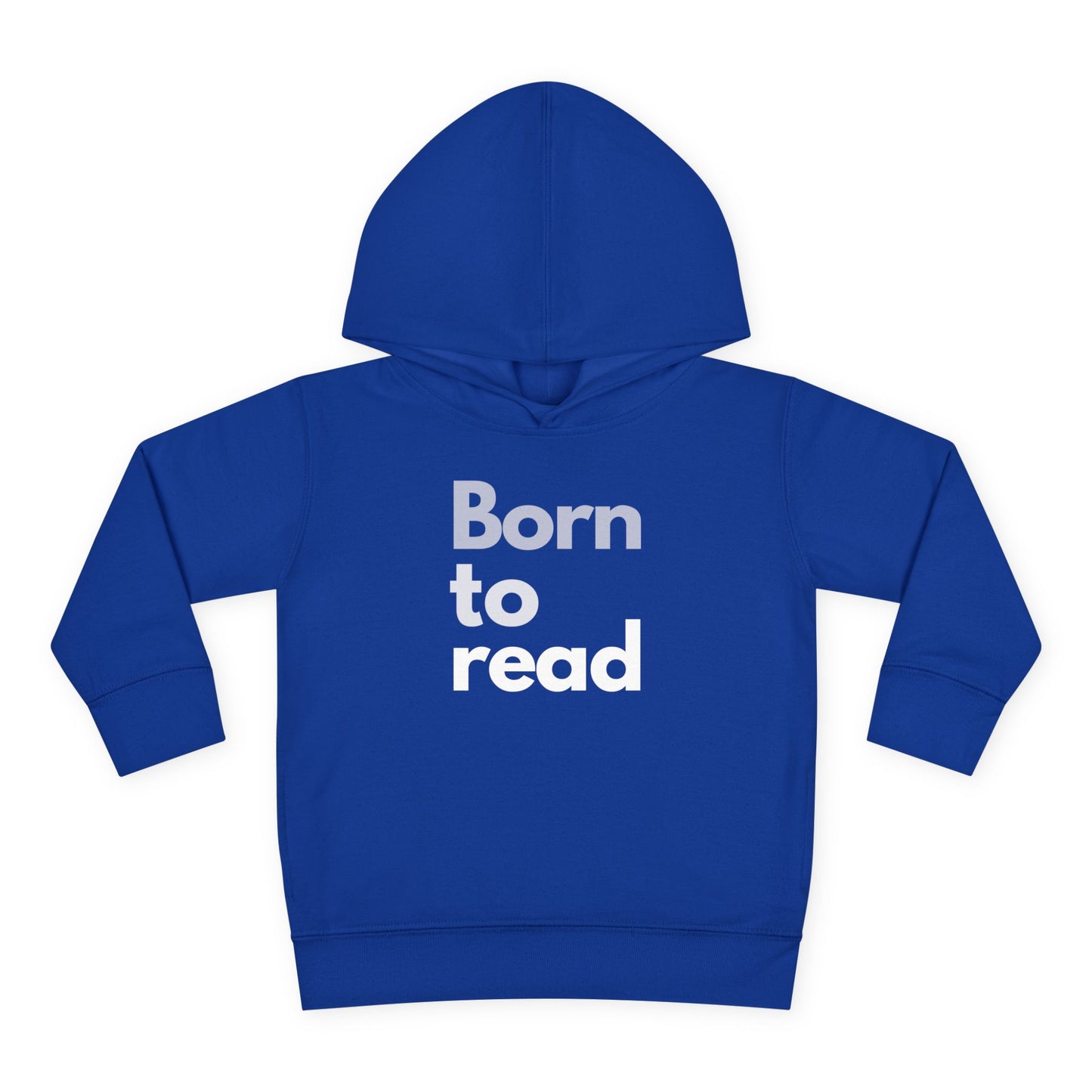 Blue hoodie with 'Born to read' text on a white background