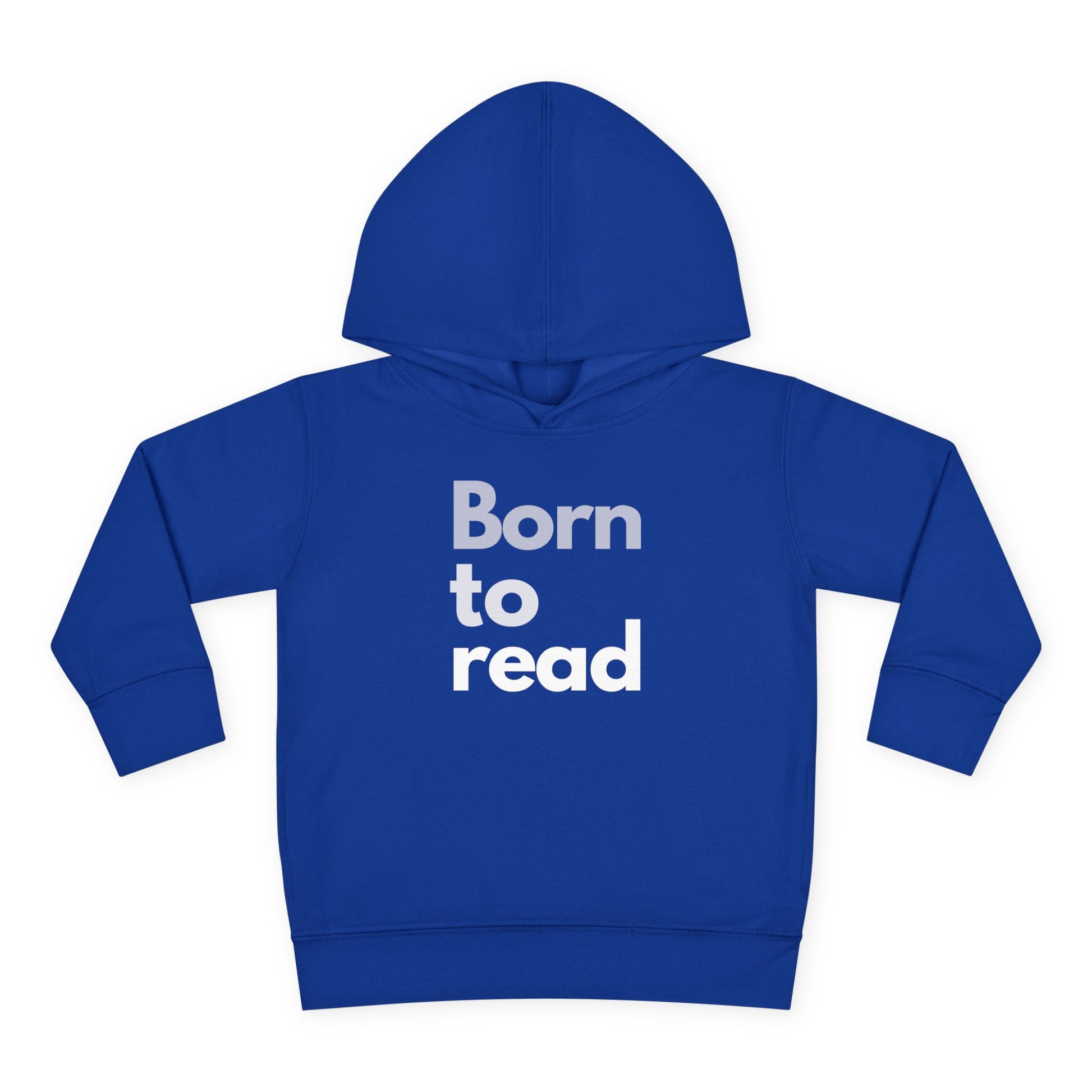 Blue hoodie with 'Born to read' text on a white background