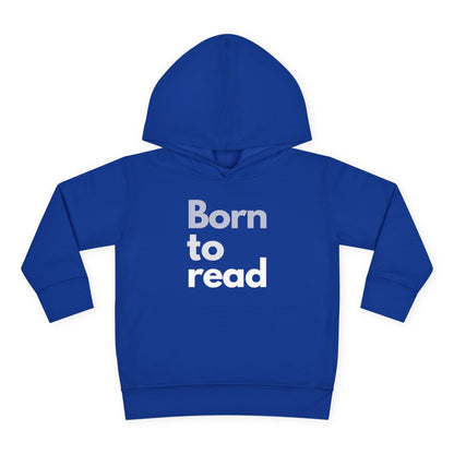 Blue hoodie with 'Born to read' text on a white background