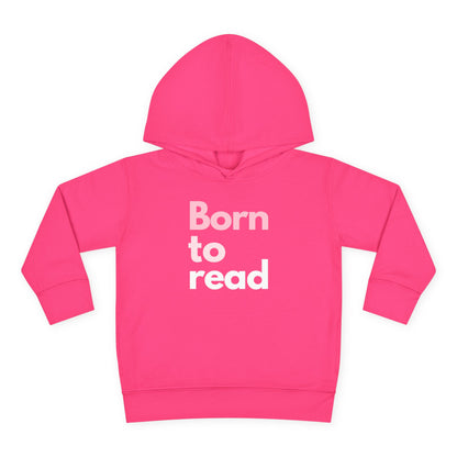 Pink hoodie with 'Born to read' text on a white background