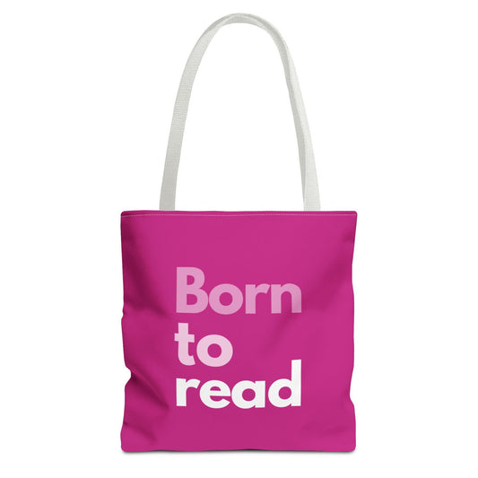 Pink tote bag with 'Born to read' text on a white background