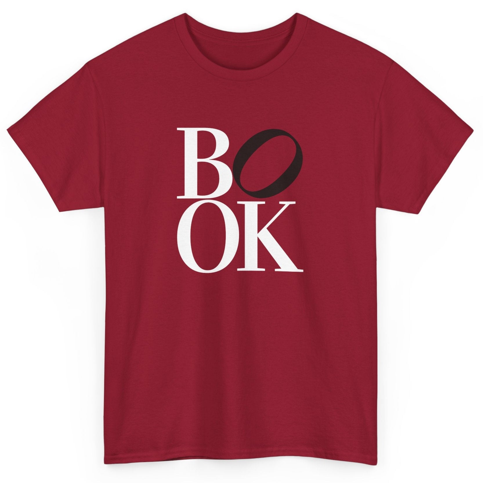 Red t-shirt with 'BOOK' text on a white background