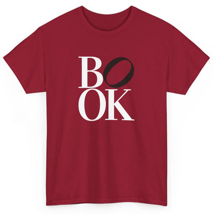 Red t-shirt with 'BOOK' text on a white background