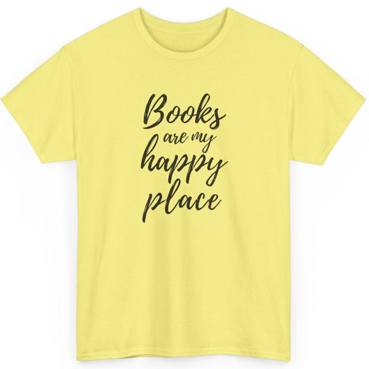 Yellow t-shirt with 'Books are my happy place' text on a white background