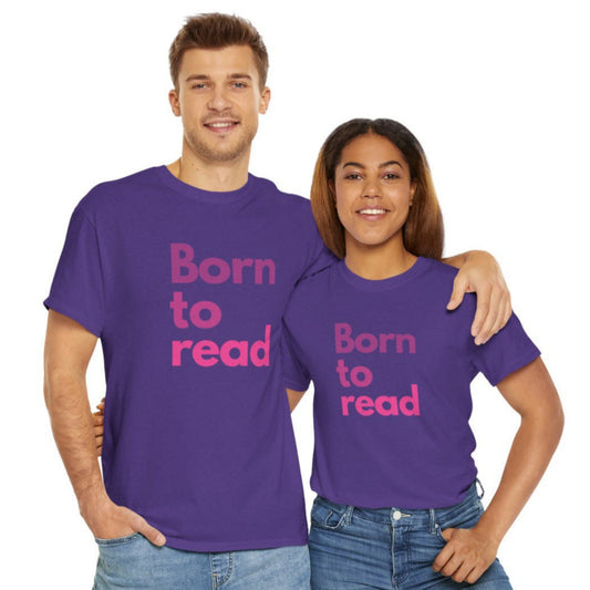 Two people wearing purple 'Born to read' t-shirts on a white background
